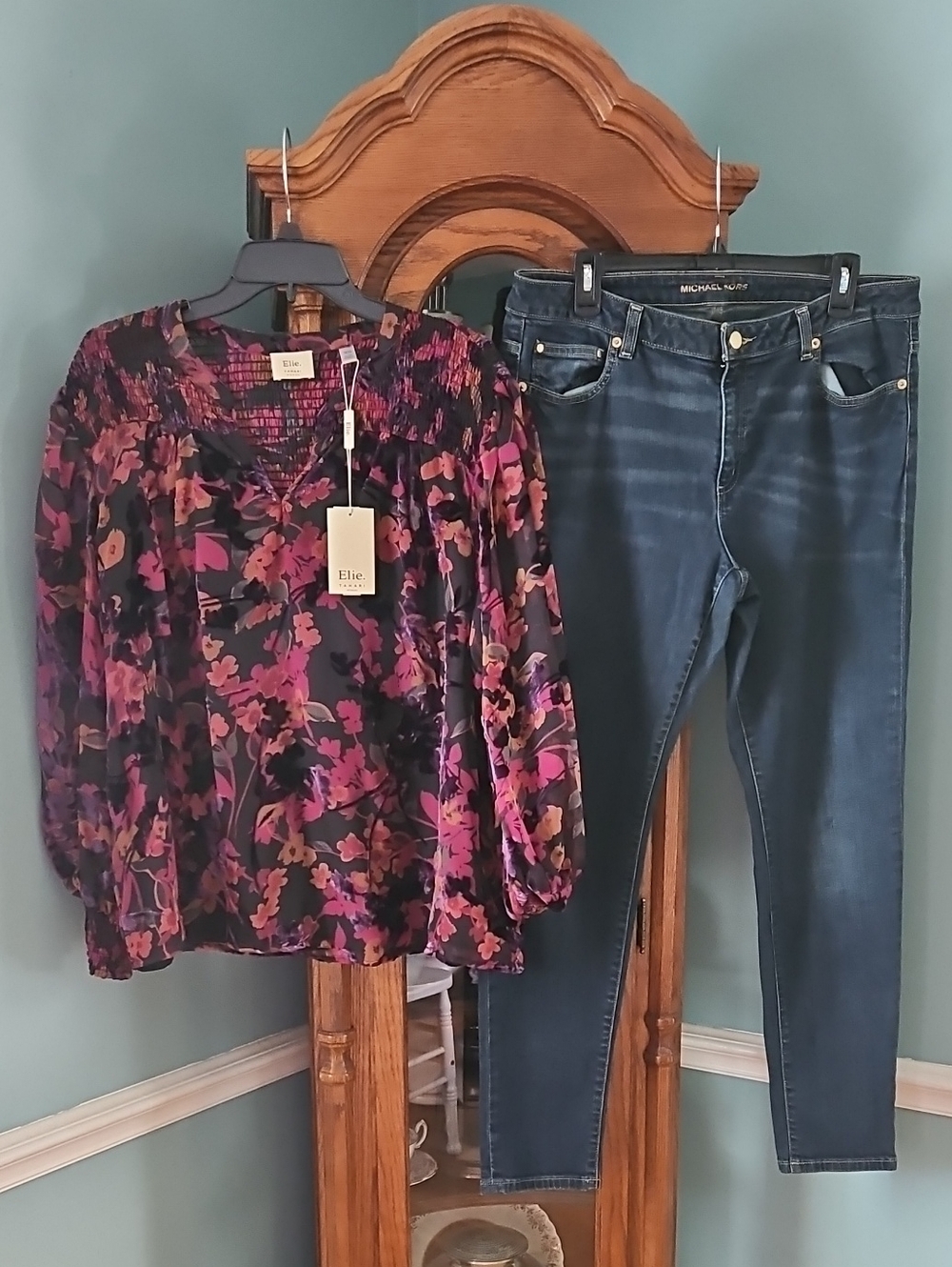 Elie Floral Smocked Blouse NWT & Michael Kors Jeans